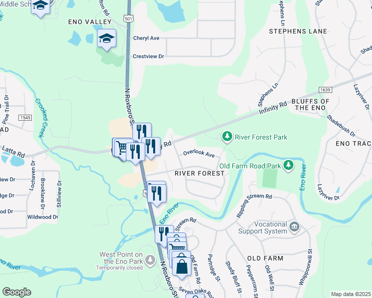 map of restaurants, bars, coffee shops, grocery stores, and more near 207 Overlook Avenue in Durham