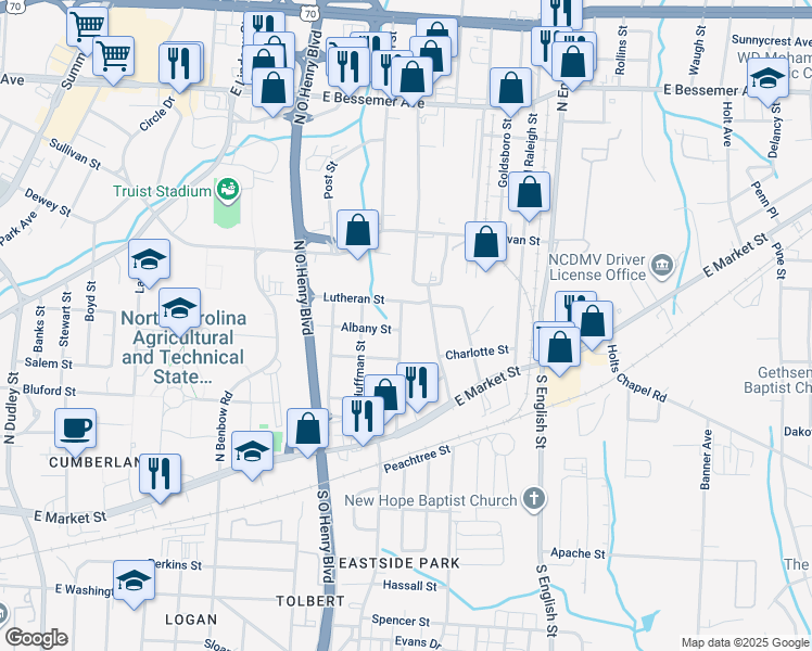 map of restaurants, bars, coffee shops, grocery stores, and more near 402 Shaw Street in Greensboro