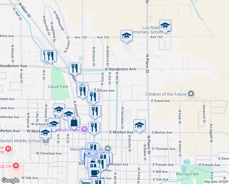 map of restaurants, bars, coffee shops, grocery stores, and more near 689 North 4th Street in Porterville