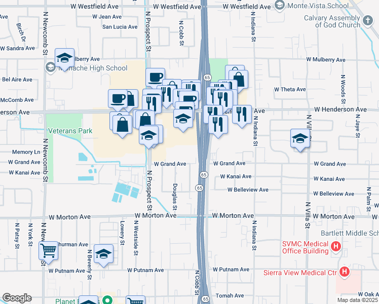 map of restaurants, bars, coffee shops, grocery stores, and more near 1040 West Grand Avenue in Porterville