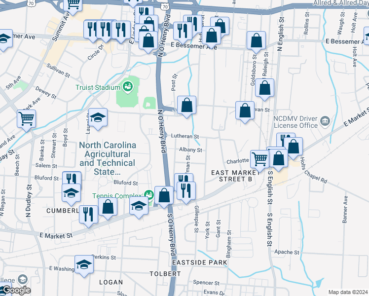 map of restaurants, bars, coffee shops, grocery stores, and more near in Greensboro