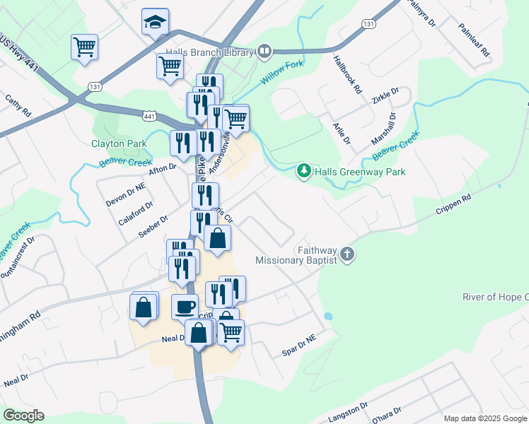 map of restaurants, bars, coffee shops, grocery stores, and more near 4500 Doris Circle in Knoxville