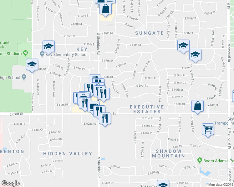 map of restaurants, bars, coffee shops, grocery stores, and more near 5840 South 67th East Avenue in Tulsa
