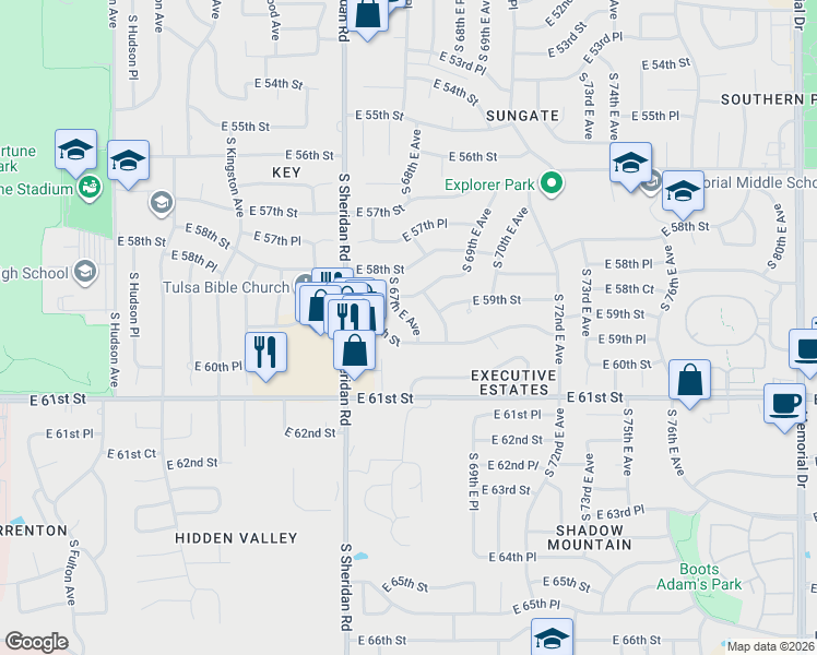 map of restaurants, bars, coffee shops, grocery stores, and more near 5840 South 67th East Avenue in Tulsa