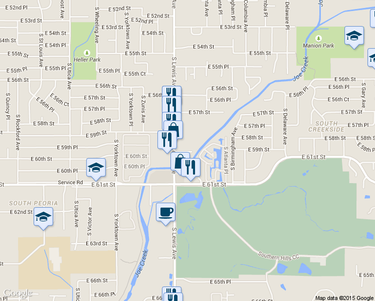 map of restaurants, bars, coffee shops, grocery stores, and more near 2414 East 59th Court in Tulsa