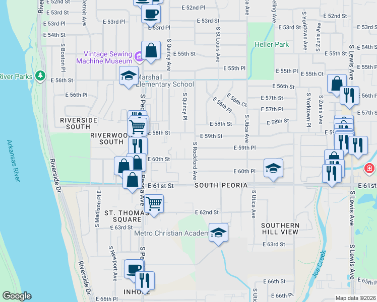 map of restaurants, bars, coffee shops, grocery stores, and more near 5920 South Rockford Avenue in Tulsa