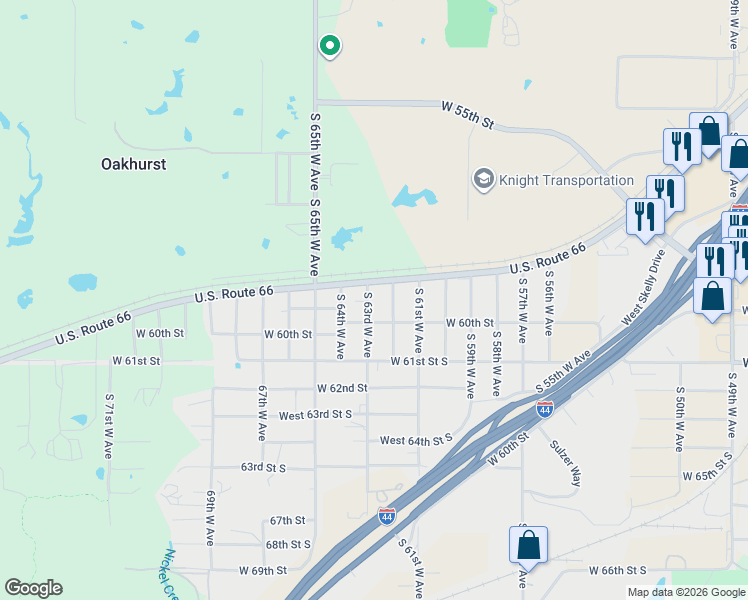 map of restaurants, bars, coffee shops, grocery stores, and more near 5831 East 63rd Street in Tulsa