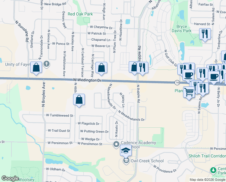 map of restaurants, bars, coffee shops, grocery stores, and more near 996 North Daisy Lane in Fayetteville