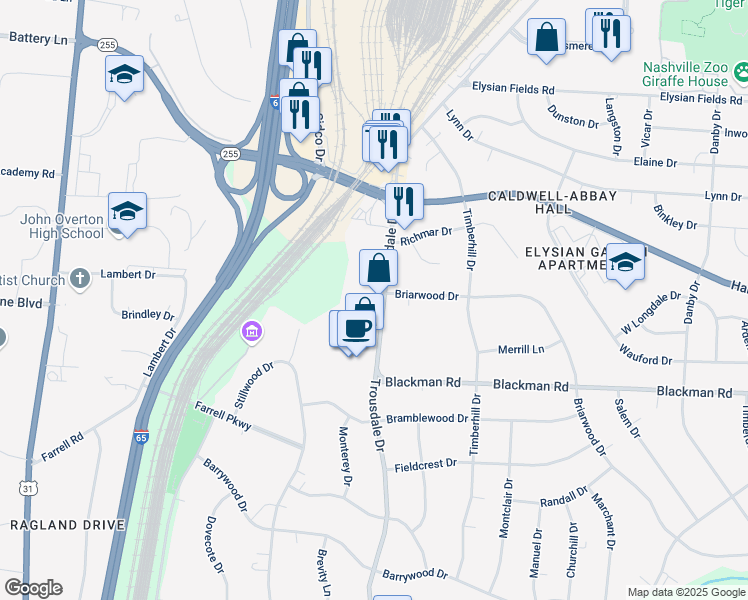 map of restaurants, bars, coffee shops, grocery stores, and more near 4751 Trousdale Drive in Nashville