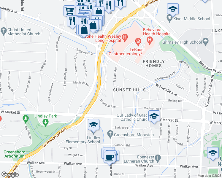 map of restaurants, bars, coffee shops, grocery stores, and more near 223 North Elam Avenue in Greensboro