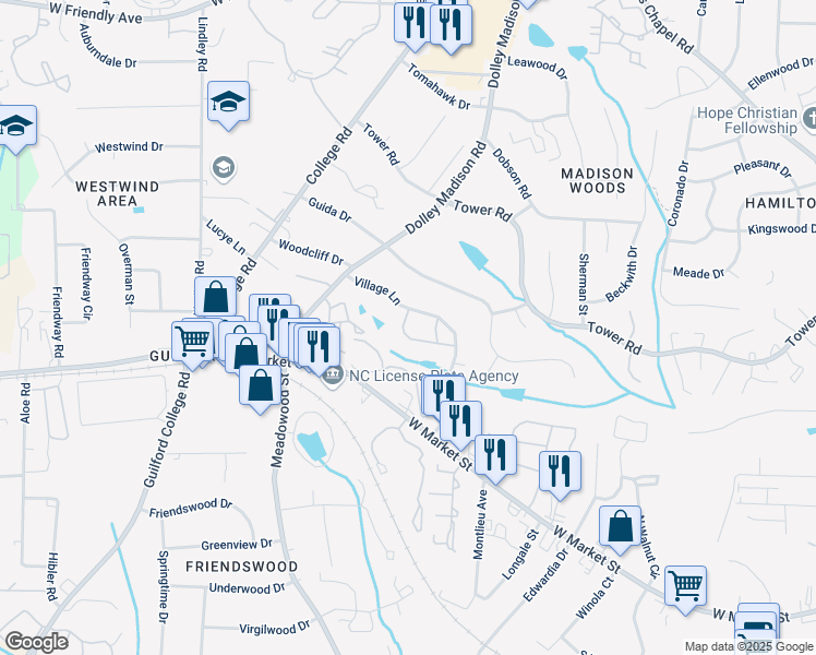map of restaurants, bars, coffee shops, grocery stores, and more near 209 Village Lane in Greensboro