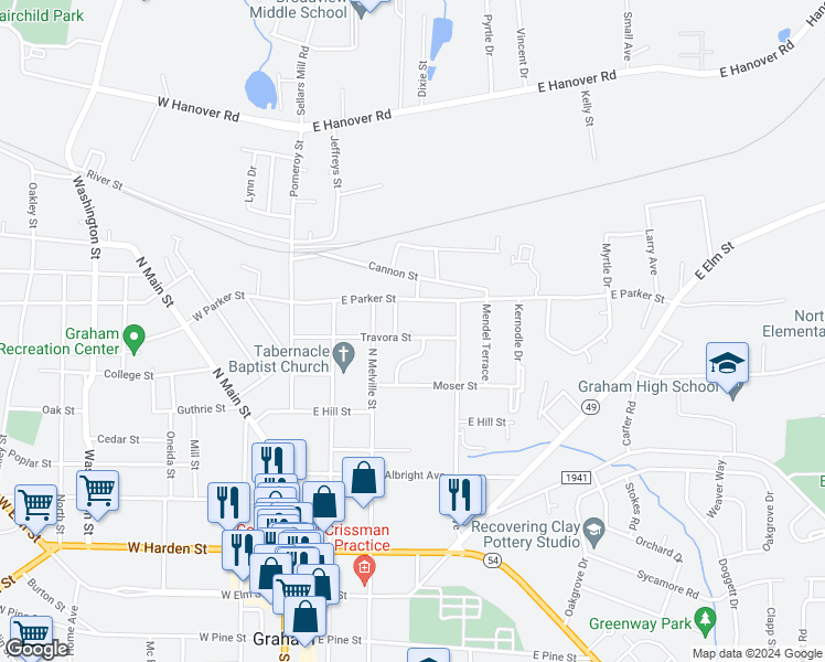 map of restaurants, bars, coffee shops, grocery stores, and more near 316 Travora Street in Graham