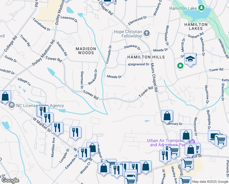 map of restaurants, bars, coffee shops, grocery stores, and more near 4922 Tower Road in Greensboro