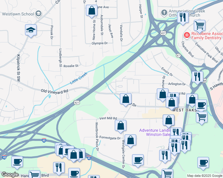 map of restaurants, bars, coffee shops, grocery stores, and more near 3421 Old Vineyard Road in Winston-Salem