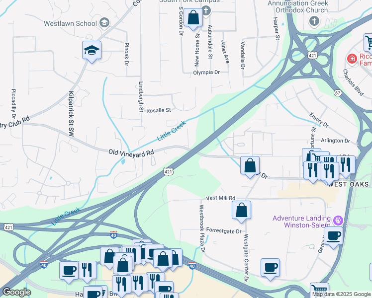 map of restaurants, bars, coffee shops, grocery stores, and more near Old Vineyard Road in Winston-Salem
