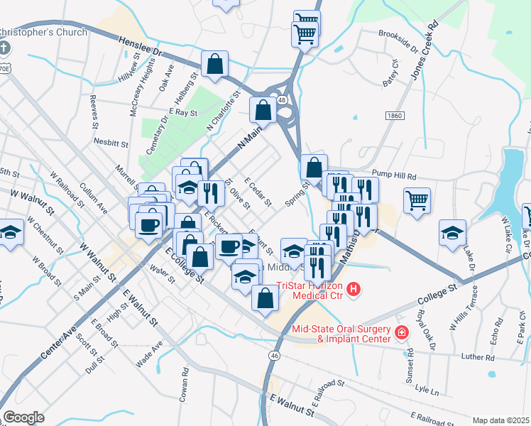 map of restaurants, bars, coffee shops, grocery stores, and more near 300 Spring Street in Dickson