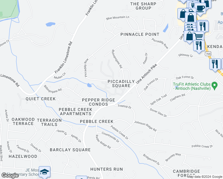 map of restaurants, bars, coffee shops, grocery stores, and more near 505 Piccadilly Row in Nashville