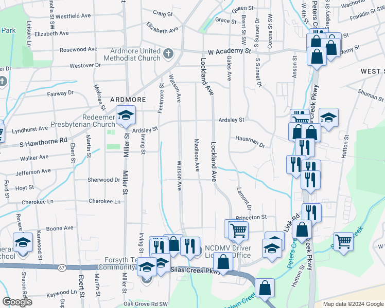 map of restaurants, bars, coffee shops, grocery stores, and more near 1000 Madison Avenue in Winston-Salem