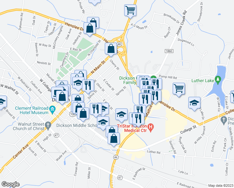 map of restaurants, bars, coffee shops, grocery stores, and more near 498 East Cedar Street in Dickson