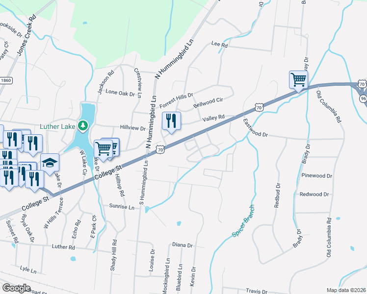 map of restaurants, bars, coffee shops, grocery stores, and more near 223 Village Circle West in Dickson