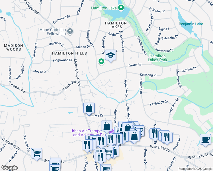 map of restaurants, bars, coffee shops, grocery stores, and more near 501 Broughton Drive in Greensboro
