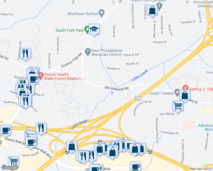 map of restaurants, bars, coffee shops, grocery stores, and more near 101 Vineyard Brook Court in Winston-Salem