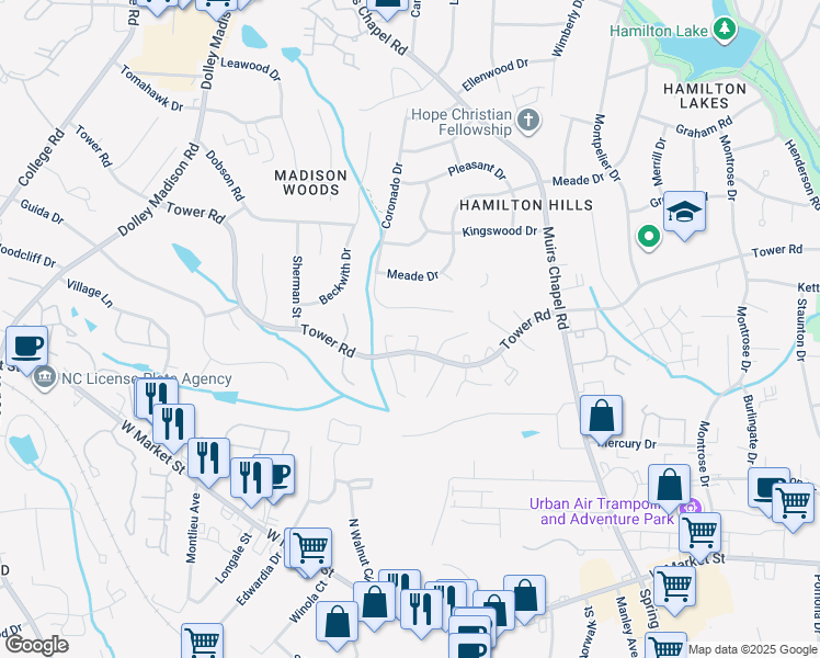 map of restaurants, bars, coffee shops, grocery stores, and more near 4922 Tower Road in Greensboro