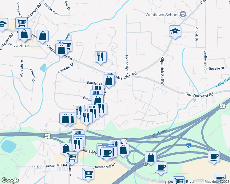 map of restaurants, bars, coffee shops, grocery stores, and more near 200 Araminta Drive in Winston-Salem