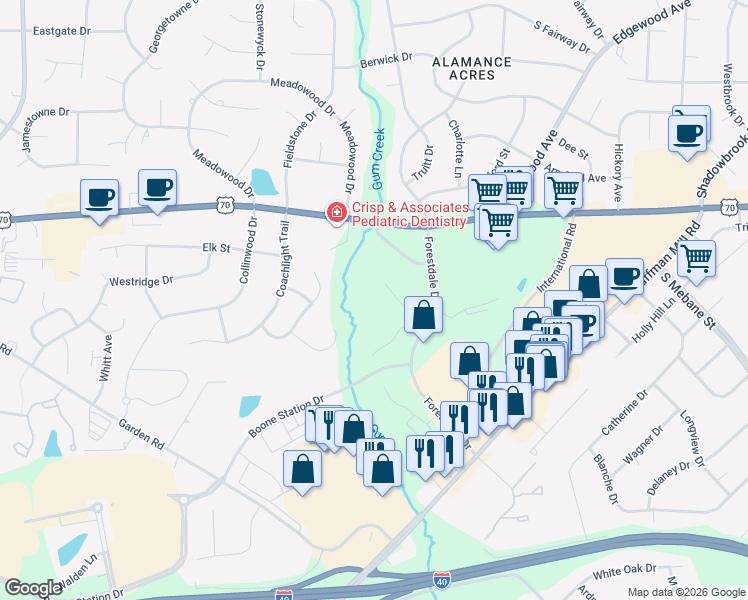map of restaurants, bars, coffee shops, grocery stores, and more near 3487 Forestdale Drive in Burlington