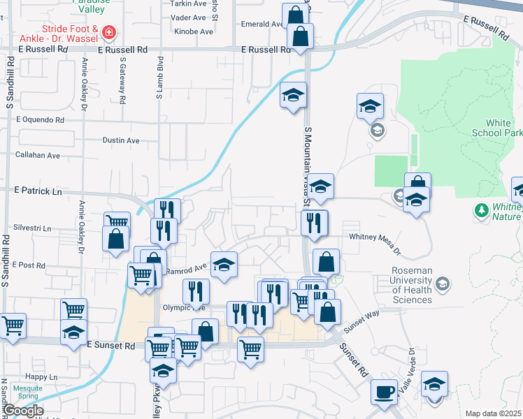 map of restaurants, bars, coffee shops, grocery stores, and more near 6151 South Mountain Vista Street in Henderson