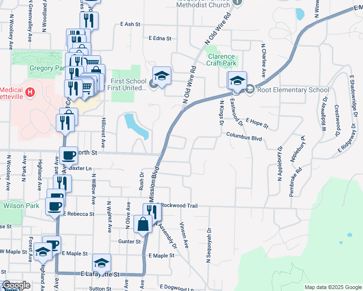 map of restaurants, bars, coffee shops, grocery stores, and more near 1155 North Thoreau Lane in Fayetteville