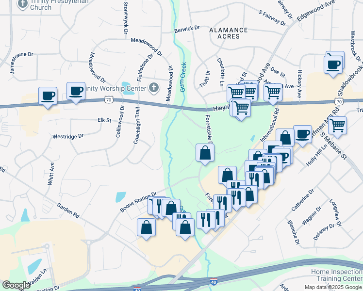 map of restaurants, bars, coffee shops, grocery stores, and more near 3489 Forestdale Drive in Burlington