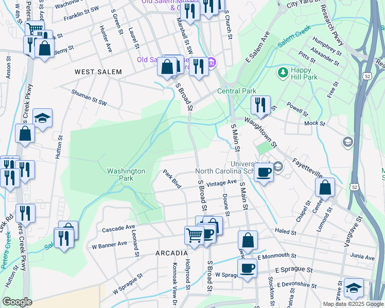 map of restaurants, bars, coffee shops, grocery stores, and more near 201 Bond Street in Winston-Salem