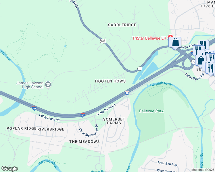 map of restaurants, bars, coffee shops, grocery stores, and more near 7935 Hooten Hows Road in Nashville