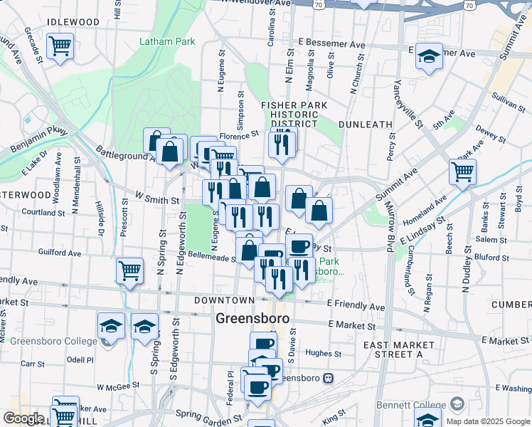 map of restaurants, bars, coffee shops, grocery stores, and more near in Greensboro