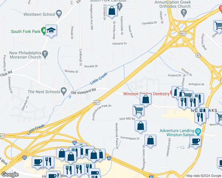 map of restaurants, bars, coffee shops, grocery stores, and more near 4396 Johnsborough Court Southwest in Winston-Salem