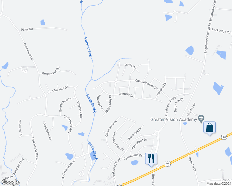 map of restaurants, bars, coffee shops, grocery stores, and more near 6701 Winners Drive in Whitsett