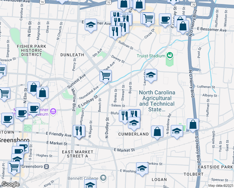 map of restaurants, bars, coffee shops, grocery stores, and more near 420 Banks Street in Greensboro