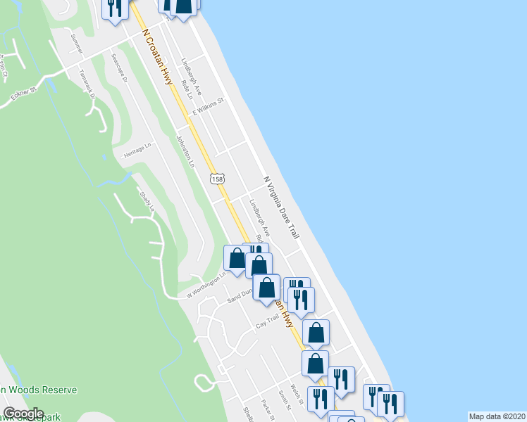 map of restaurants, bars, coffee shops, grocery stores, and more near 4239 Lindbergh Avenue in Kitty Hawk