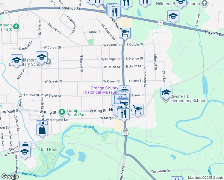 map of restaurants, bars, coffee shops, grocery stores, and more near 118 West Tryon Street in Hillsborough