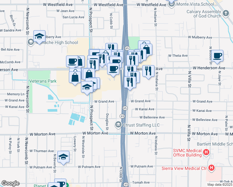 map of restaurants, bars, coffee shops, grocery stores, and more near 1040 West Grand Avenue in Porterville