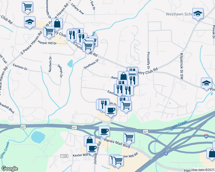 map of restaurants, bars, coffee shops, grocery stores, and more near 4728 Randall Street in Winston-Salem