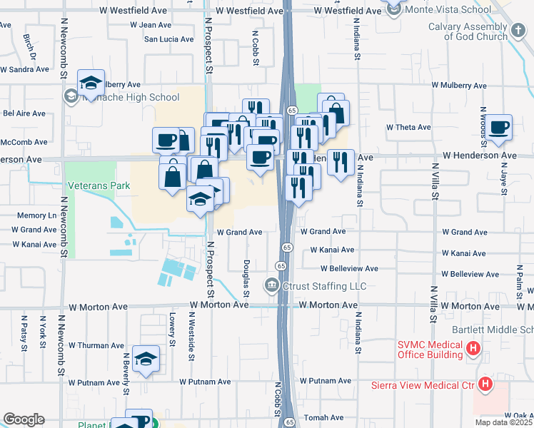 map of restaurants, bars, coffee shops, grocery stores, and more near 1040 West Grand Avenue in Porterville