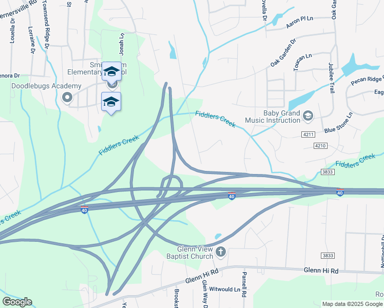 map of restaurants, bars, coffee shops, grocery stores, and more near 4283 Oak Tree Drive in Winston-Salem