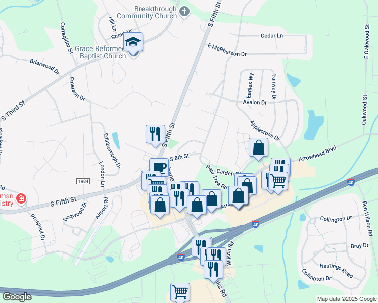 map of restaurants, bars, coffee shops, grocery stores, and more near 939 Arrowhead Court in Mebane