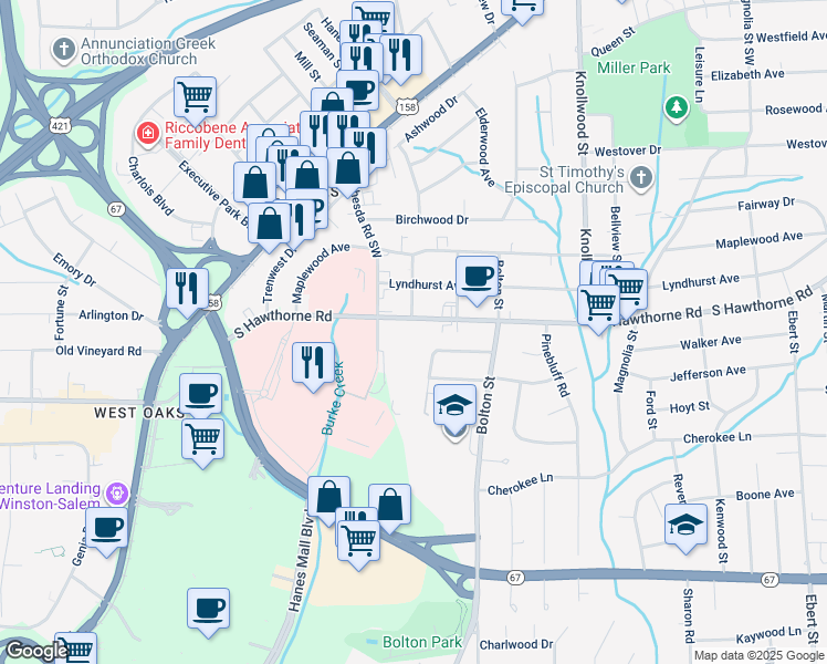 map of restaurants, bars, coffee shops, grocery stores, and more near 1759 South Hawthorne Road in Winston-Salem