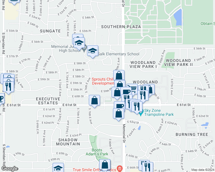 map of restaurants, bars, coffee shops, grocery stores, and more near 7939 East 59th Place in Tulsa