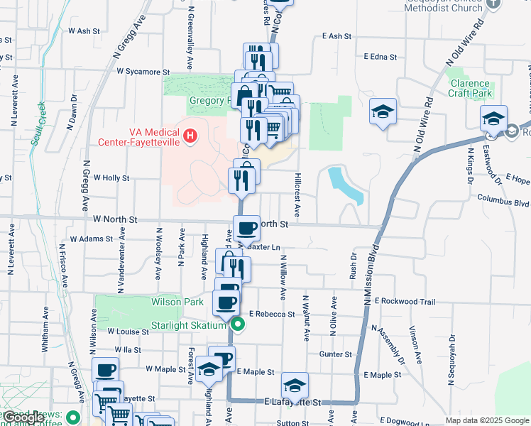 map of restaurants, bars, coffee shops, grocery stores, and more near 1135 Waneetah Avenue in Fayetteville