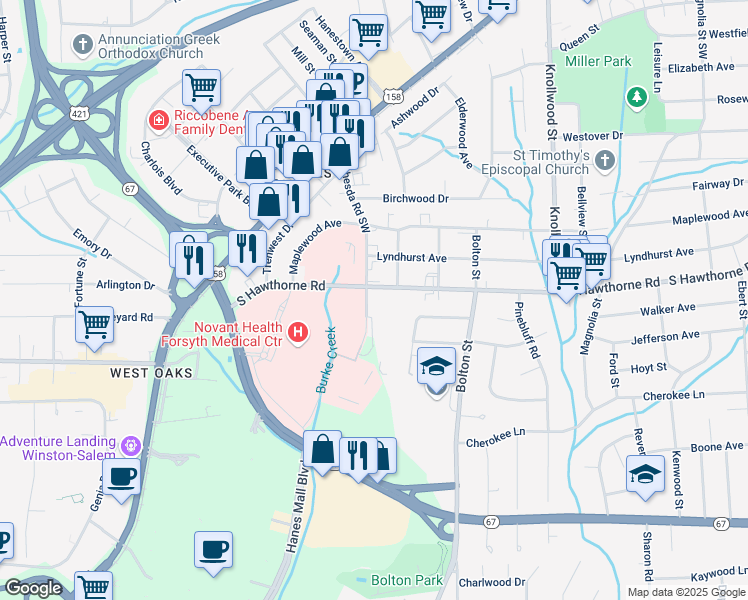 map of restaurants, bars, coffee shops, grocery stores, and more near 1803 South Hawthorne Road in Winston-Salem