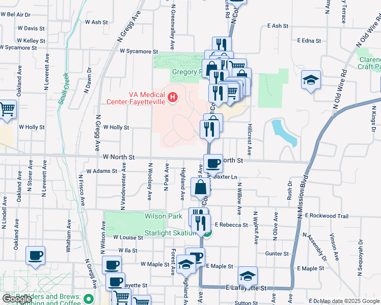 map of restaurants, bars, coffee shops, grocery stores, and more near 1125 North College Avenue in Fayetteville